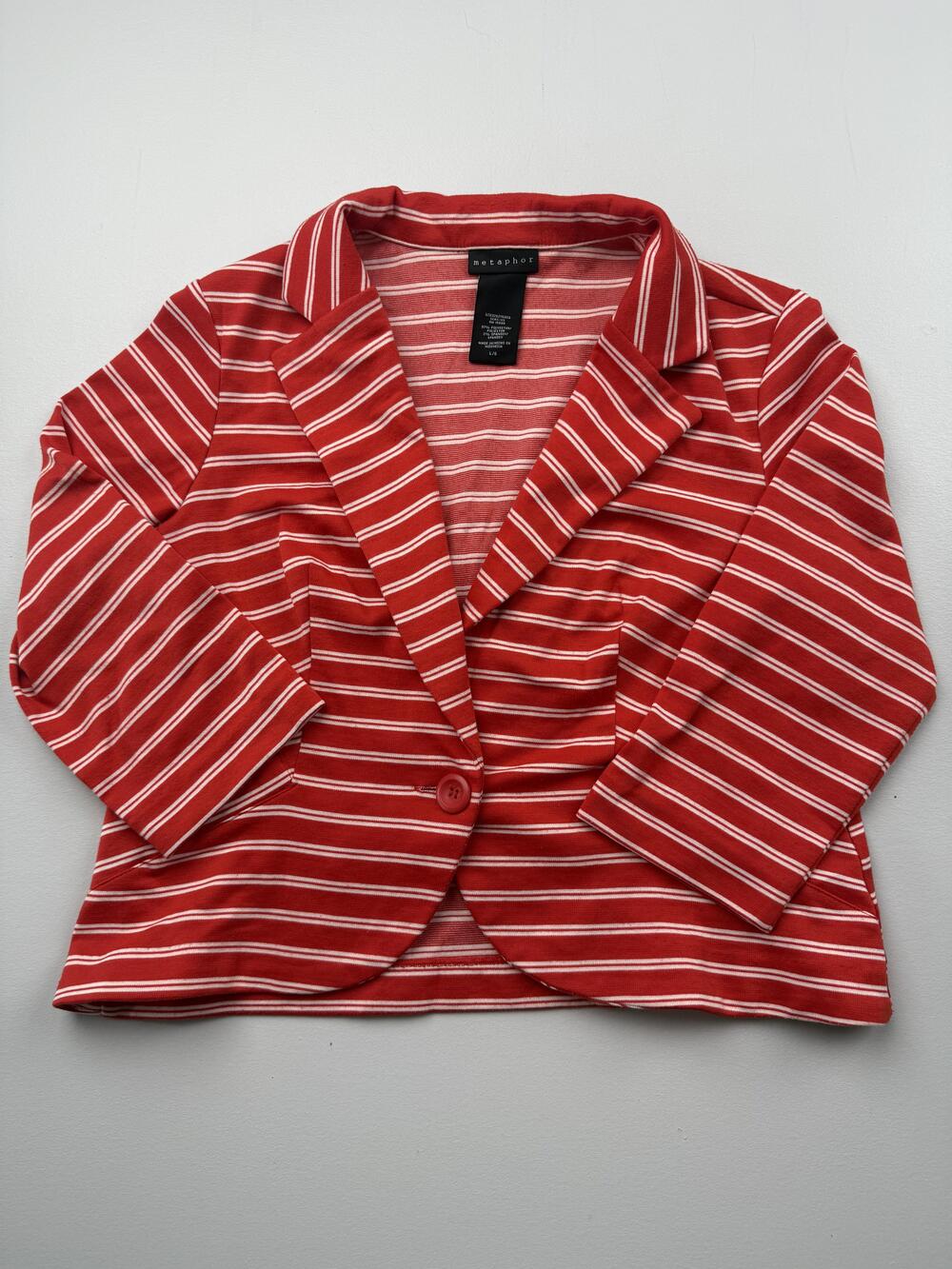 Metaphor Blazer Womens L Red Striped Jersey Knit 3/4 Sleeve Single Button